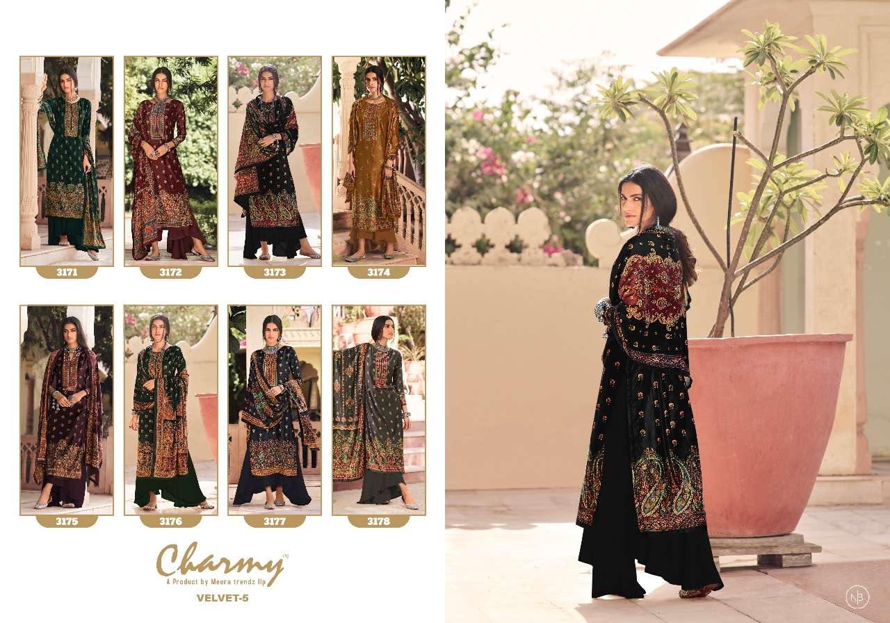 VELVET VOL-5 BY CHARMY 3171 TO 3178 SERIES BEAUTIFUL STYLISH SUITS FANCY COLORFUL CASUAL WEAR & ETHNIC WEAR & READY TO WEAR VELVET DIGITAL PRINTED DRESSES AT WHOLESALE PRICE