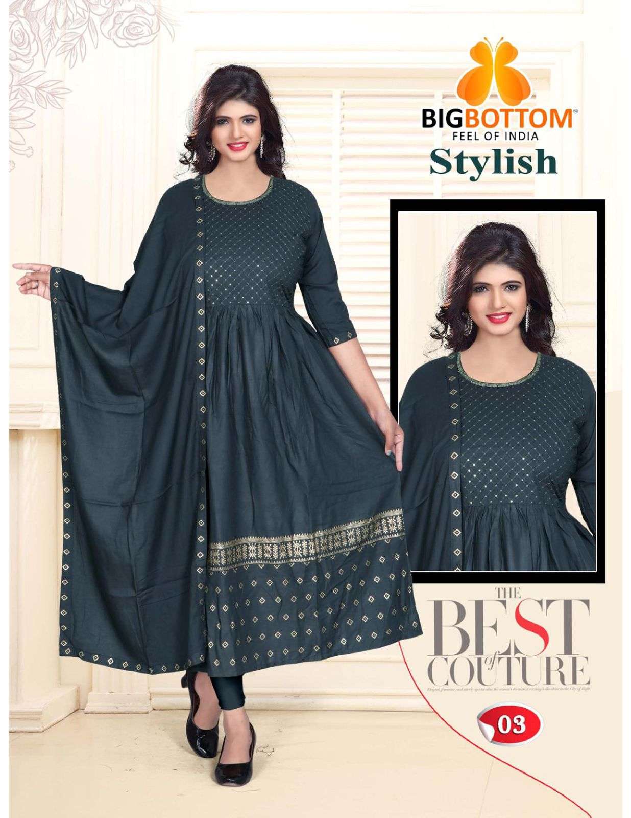 STYLISH BY BIG BOTTOM 01 TO 06 SERIES BEAUTIFUL STYLISH FANCY COLORFUL CASUAL WEAR & ETHNIC WEAR RAYON FOIL PRINT GOWNS WITH DUPATTA AT WHOLESALE PRICE