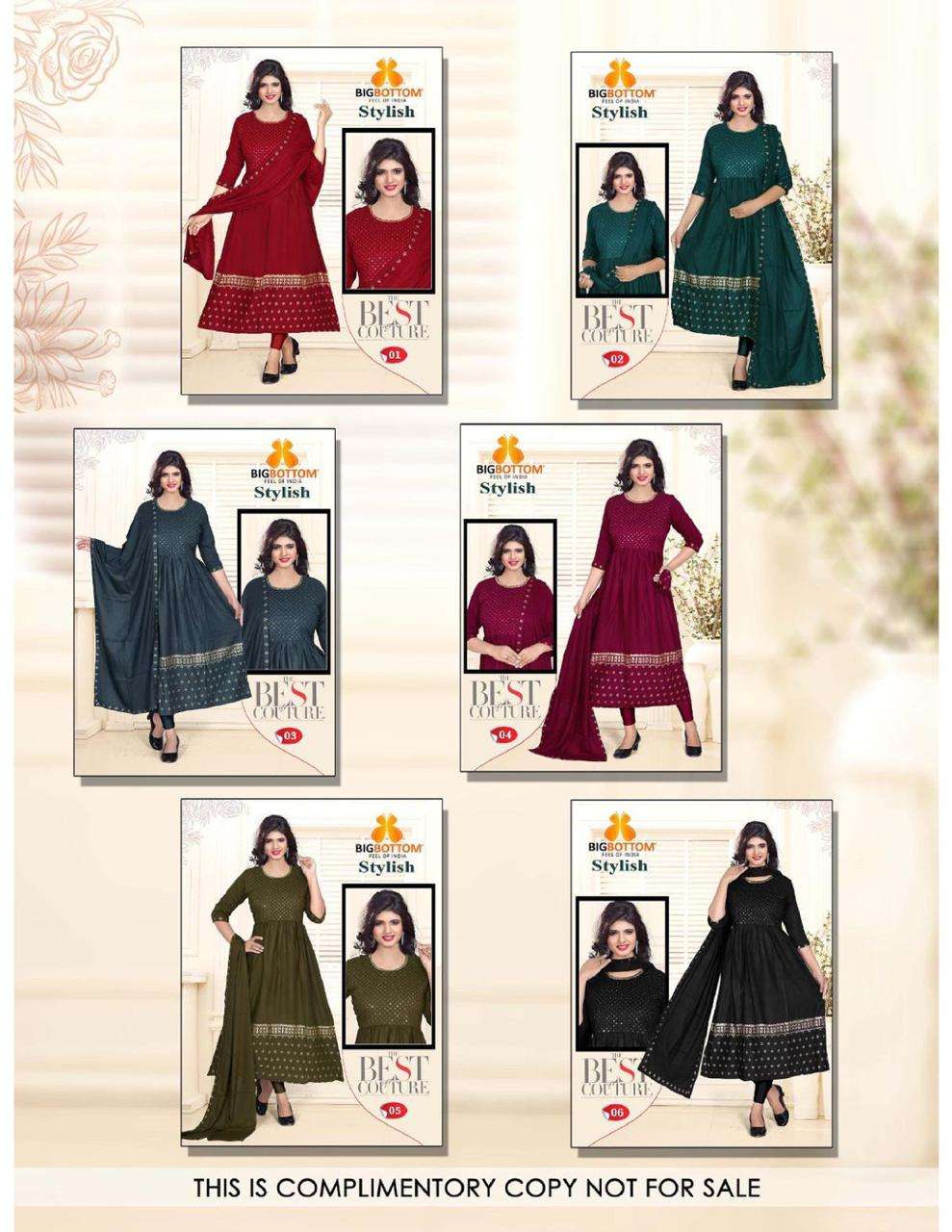 STYLISH BY BIG BOTTOM 01 TO 06 SERIES BEAUTIFUL STYLISH FANCY COLORFUL CASUAL WEAR & ETHNIC WEAR RAYON FOIL PRINT GOWNS WITH DUPATTA AT WHOLESALE PRICE