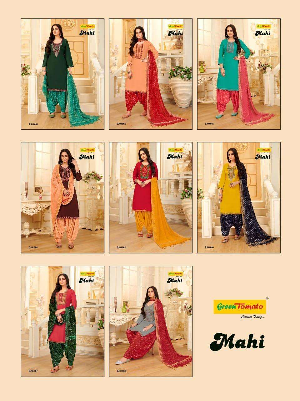 MAHI BY GREEN TOMATO 01 TO 08 SERIES BEAUTIFUL PATIYALA SUITS COLORFUL STYLISH FANCY CASUAL WEAR & ETHNIC WEAR HEAVY RAYON DRESSES AT WHOLESALE PRICE