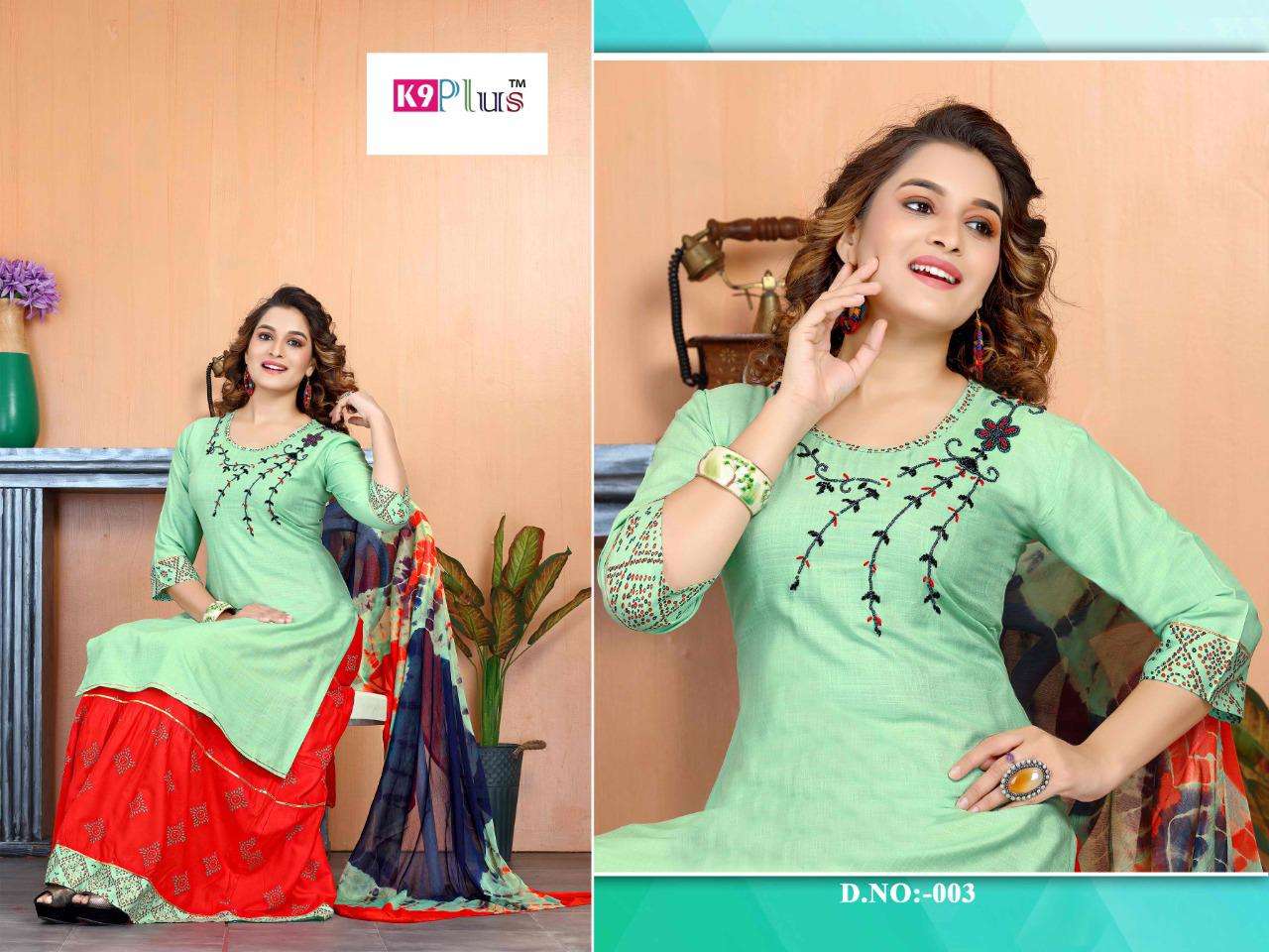 RIOUS BY K9 PLUS 001 TO 008 SERIES BEAUTIFUL SHARARA SUITS COLORFUL STYLISH FANCY CASUAL WEAR & ETHNIC WEAR HEAVY RAYON EMBROIDERED DRESSES AT WHOLESALE PRICE