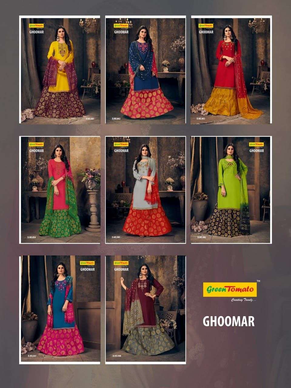 GHOOMAR BY GREEN TOMATO 001 TO 008 SERIES BEAUTIFUL SUITS COLORFUL STYLISH FANCY CASUAL WEAR & ETHNIC WEAR FANCY DRESSES AT WHOLESALE PRICE