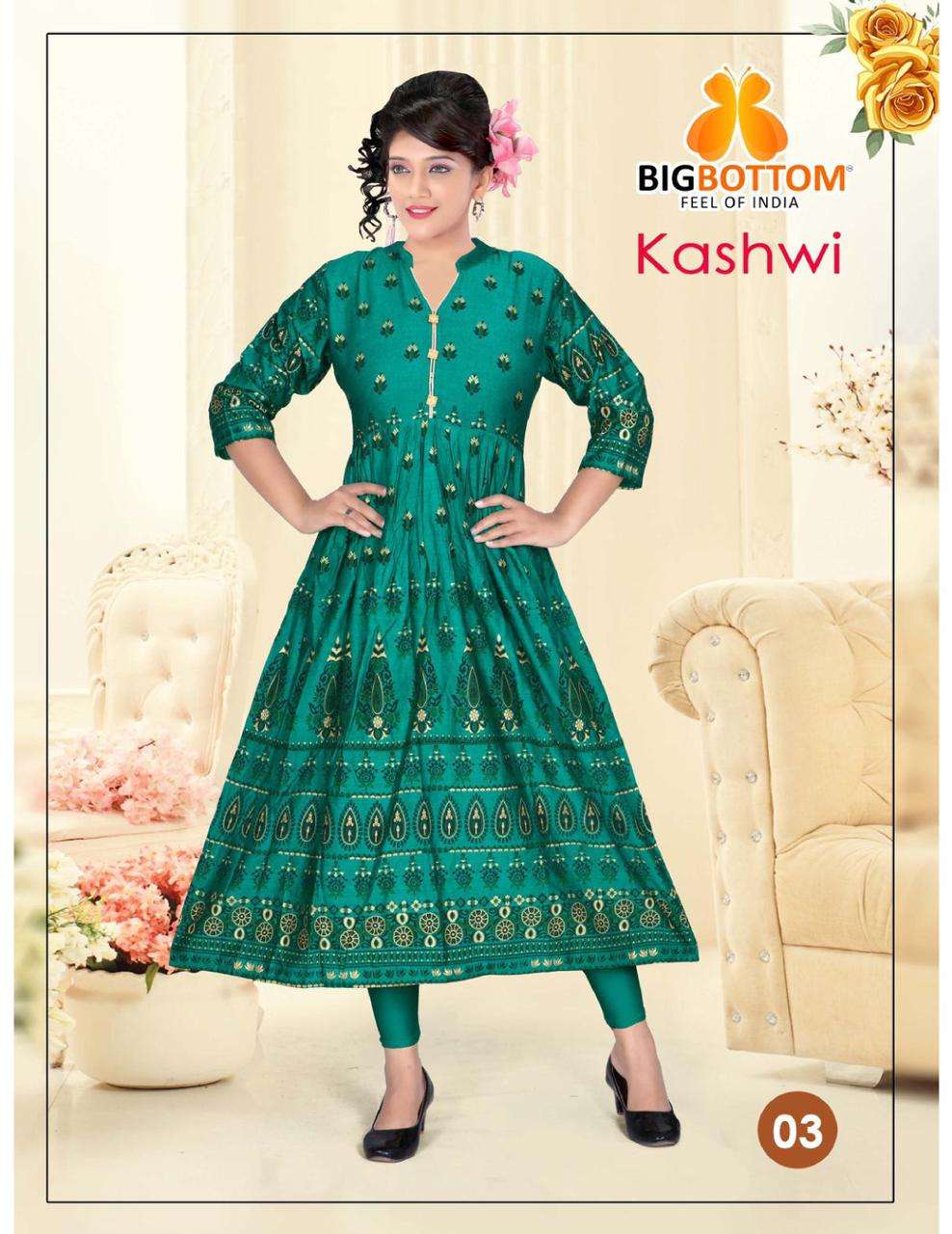 KASHWI BY BIG BOTTOM 01 TO 06 SERIES BEAUTIFUL STYLISH FANCY COLORFUL CASUAL WEAR & ETHNIC WEAR HEAVY RAYON FOIL PRINT GOWNS AT WHOLESALE PRICE