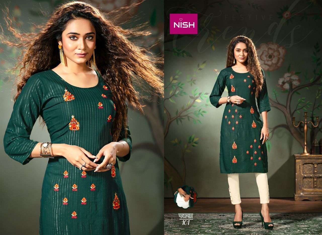 PATAKHA BY NISH 101 TO 108 SERIES DESIGNER STYLISH FANCY COLORFUL BEAUTIFUL PARTY WEAR & ETHNIC WEAR COLLECTION RAYON WITH WORK KURTIS WITH BOTTOM AT WHOLESALE PRICE