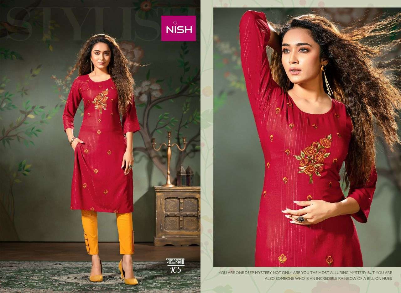 PATAKHA BY NISH 101 TO 108 SERIES DESIGNER STYLISH FANCY COLORFUL BEAUTIFUL PARTY WEAR & ETHNIC WEAR COLLECTION RAYON WITH WORK KURTIS WITH BOTTOM AT WHOLESALE PRICE