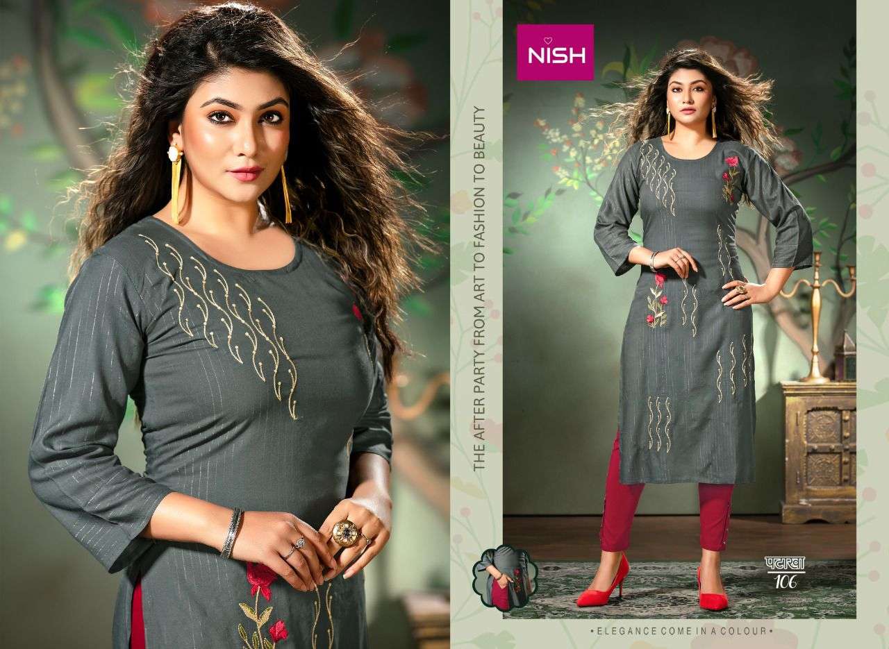 PATAKHA BY NISH 101 TO 108 SERIES DESIGNER STYLISH FANCY COLORFUL BEAUTIFUL PARTY WEAR & ETHNIC WEAR COLLECTION RAYON WITH WORK KURTIS WITH BOTTOM AT WHOLESALE PRICE