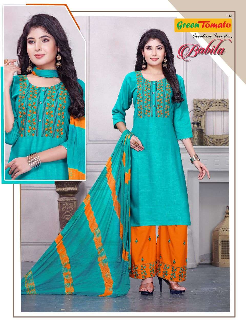 BABITA BY GREEN TOMATO 1 TO 8 SERIES BEAUTIFUL SUITS COLORFUL STYLISH FANCY CASUAL WEAR & ETHNIC WEAR RAYON EMBROIDERED DRESSES AT WHOLESALE PRICE