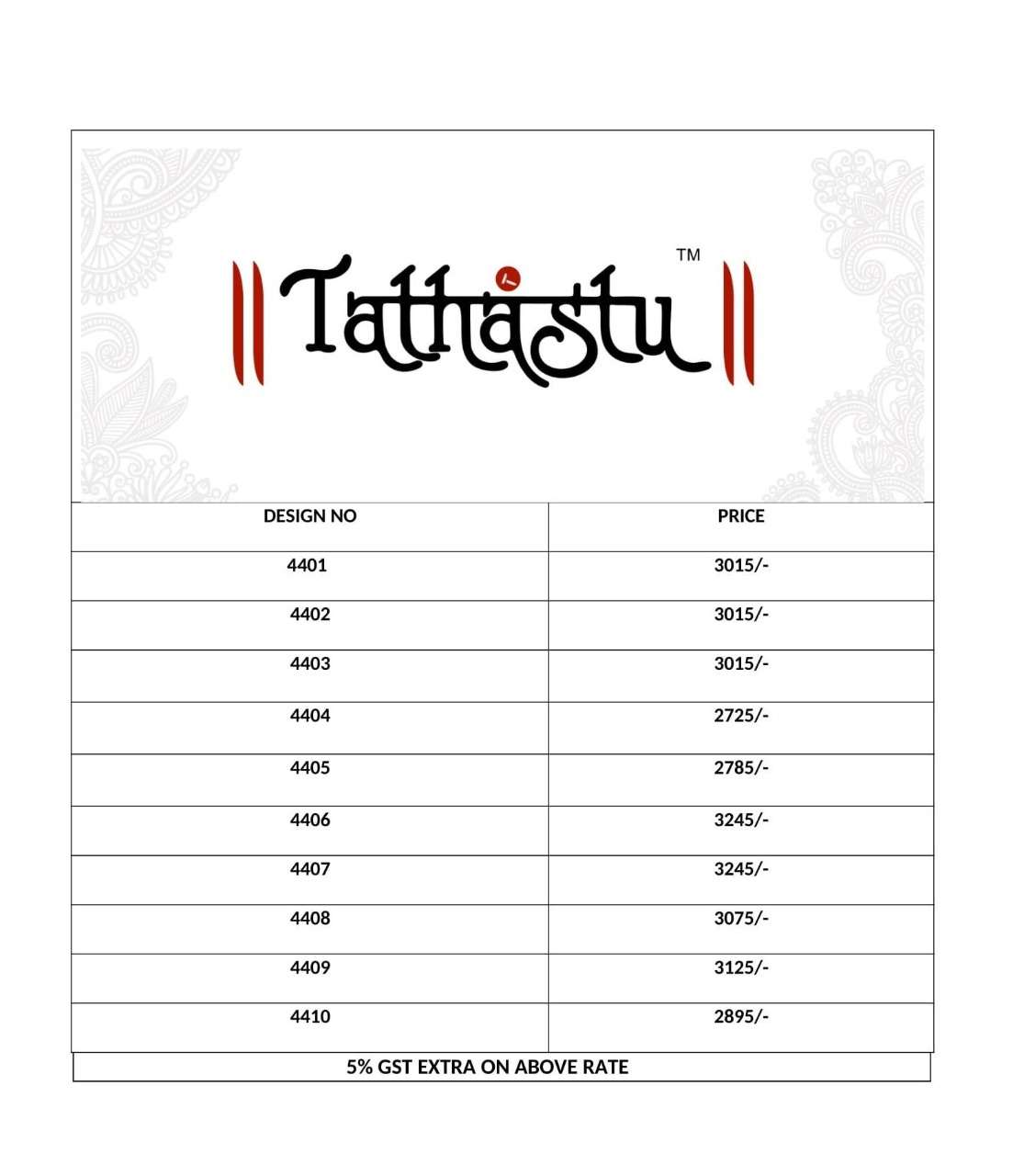 TATHASTU 4400 SERIES BY TATHASTU 4401 TO 4410 SERIES DESIGNER BEAUTIFUL NAVRATRI COLLECTION OCCASIONAL WEAR & PARTY WEAR SILK EMBROIDERED SAREES AT WHOLESALE PRICE