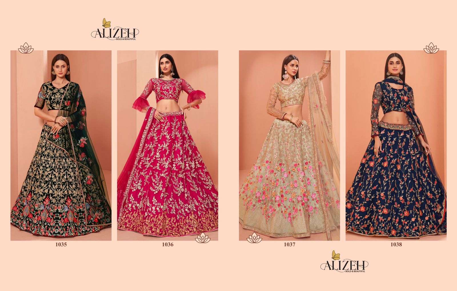 WEDDING AFFAIR VOL-2 BY ALIZEH 1035 TO 1038 SERIES INDIAN TRADITIONAL BEAUTIFUL STYLISH DESIGNER BANARASI SILK JACQUARD EMBROIDERED PARTY WEAR HEAVY NET LEHENGAS AT WHOLESALE PRICE