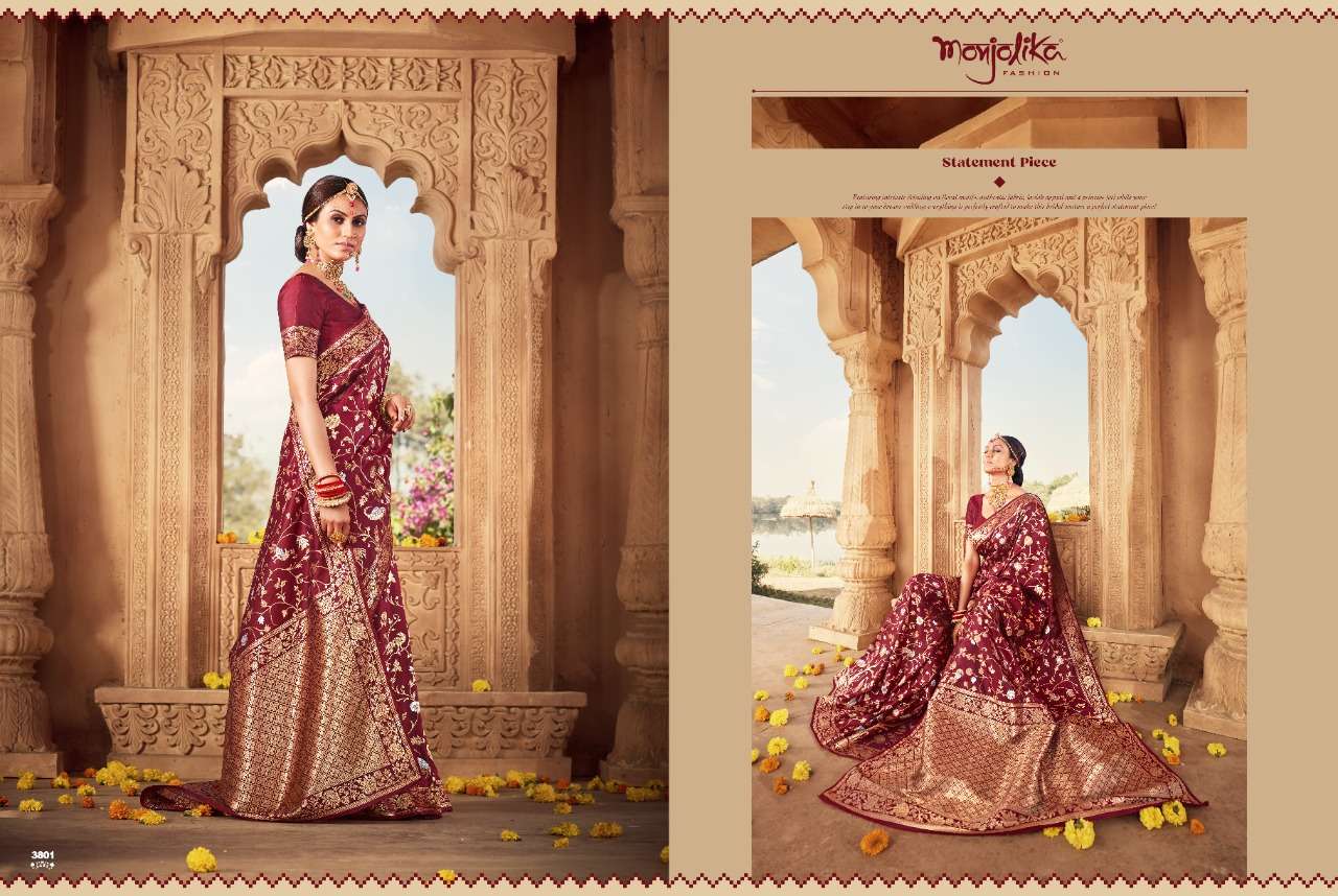 VARTIKA VOL-38 BY MONJOLIKA 3801 TO 3808 SERIES INDIAN TRADITIONAL WEAR COLLECTION BEAUTIFUL STYLISH FANCY COLORFUL PARTY WEAR & OCCASIONAL WEAR BANARASI SILK SAREES AT WHOLESALE PRICE