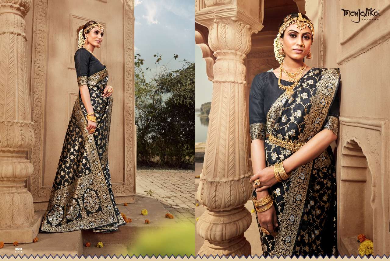 VARTIKA VOL-38 BY MONJOLIKA 3801 TO 3808 SERIES INDIAN TRADITIONAL WEAR COLLECTION BEAUTIFUL STYLISH FANCY COLORFUL PARTY WEAR & OCCASIONAL WEAR BANARASI SILK SAREES AT WHOLESALE PRICE