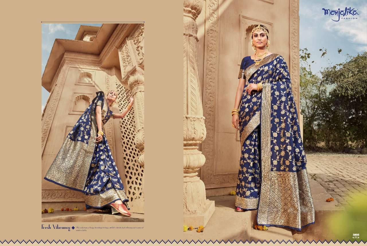 VARTIKA VOL-38 BY MONJOLIKA 3801 TO 3808 SERIES INDIAN TRADITIONAL WEAR COLLECTION BEAUTIFUL STYLISH FANCY COLORFUL PARTY WEAR & OCCASIONAL WEAR BANARASI SILK SAREES AT WHOLESALE PRICE