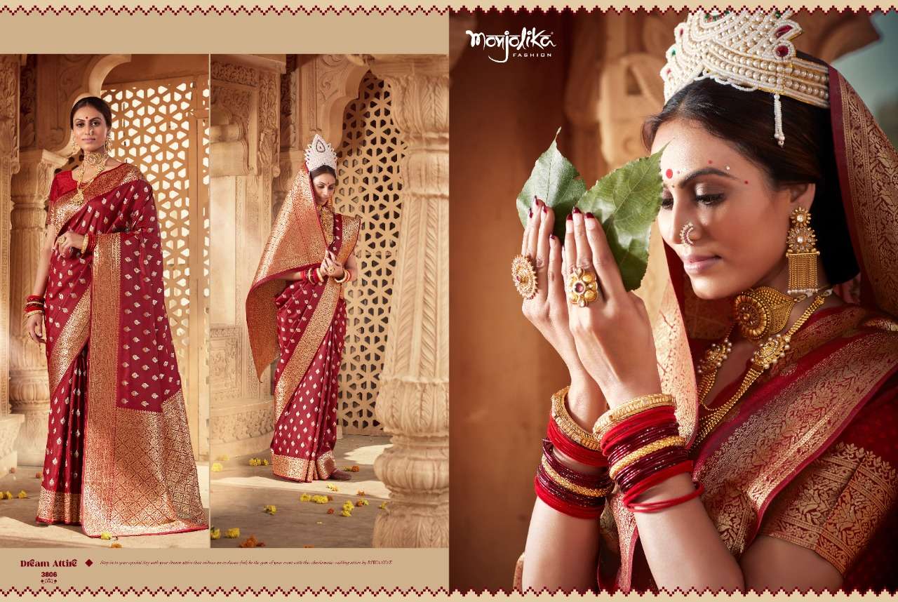 VARTIKA VOL-38 BY MONJOLIKA 3801 TO 3808 SERIES INDIAN TRADITIONAL WEAR COLLECTION BEAUTIFUL STYLISH FANCY COLORFUL PARTY WEAR & OCCASIONAL WEAR BANARASI SILK SAREES AT WHOLESALE PRICE
