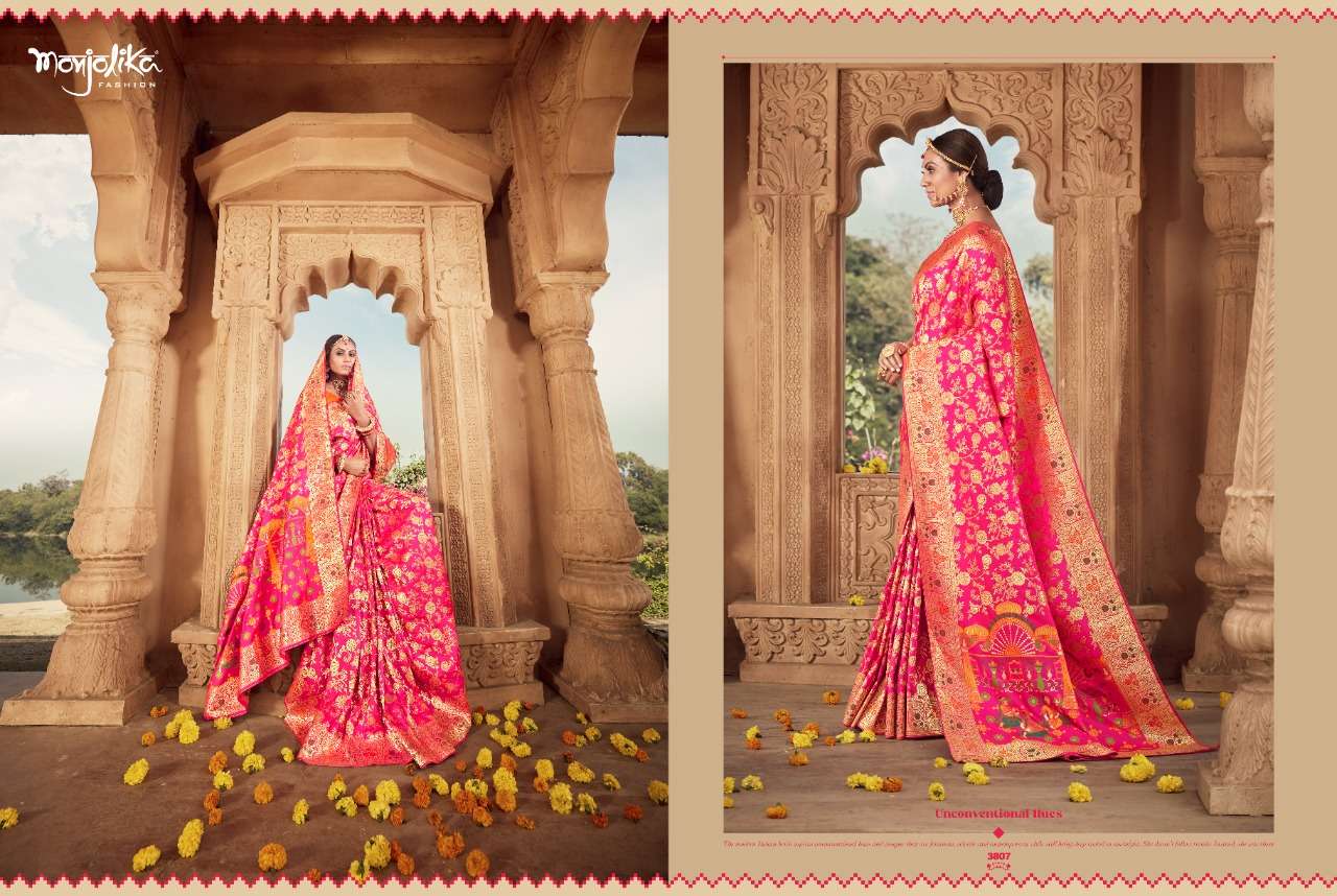 VARTIKA VOL-38 BY MONJOLIKA 3801 TO 3808 SERIES INDIAN TRADITIONAL WEAR COLLECTION BEAUTIFUL STYLISH FANCY COLORFUL PARTY WEAR & OCCASIONAL WEAR BANARASI SILK SAREES AT WHOLESALE PRICE