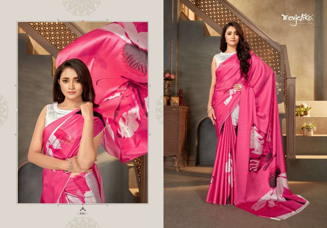 MAIRA BY MONJOLIKA 4301 TO 4309 SERIES INDIAN TRADITIONAL WEAR COLLECTION BEAUTIFUL STYLISH FANCY COLORFUL PARTY WEAR & OCCASIONAL WEAR SATIN CREPE SAREES AT WHOLESALE PRICE