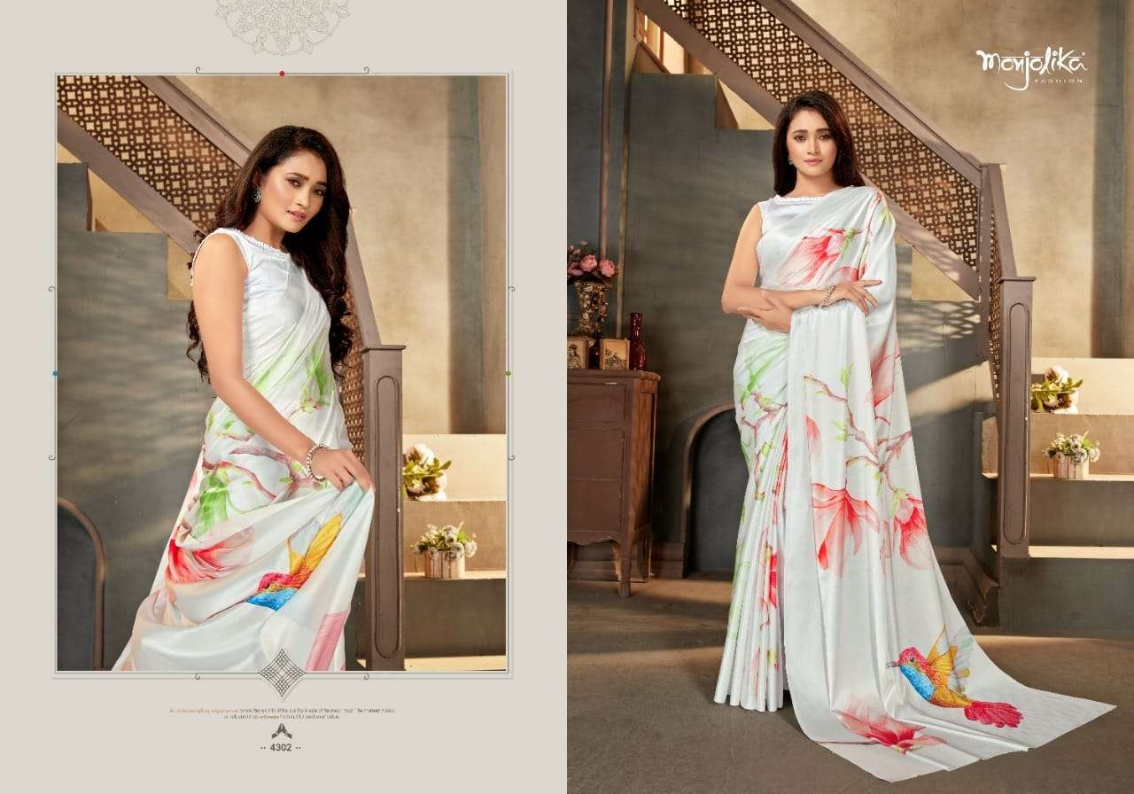 MAIRA BY MONJOLIKA 4301 TO 4309 SERIES INDIAN TRADITIONAL WEAR COLLECTION BEAUTIFUL STYLISH FANCY COLORFUL PARTY WEAR & OCCASIONAL WEAR SATIN CREPE SAREES AT WHOLESALE PRICE