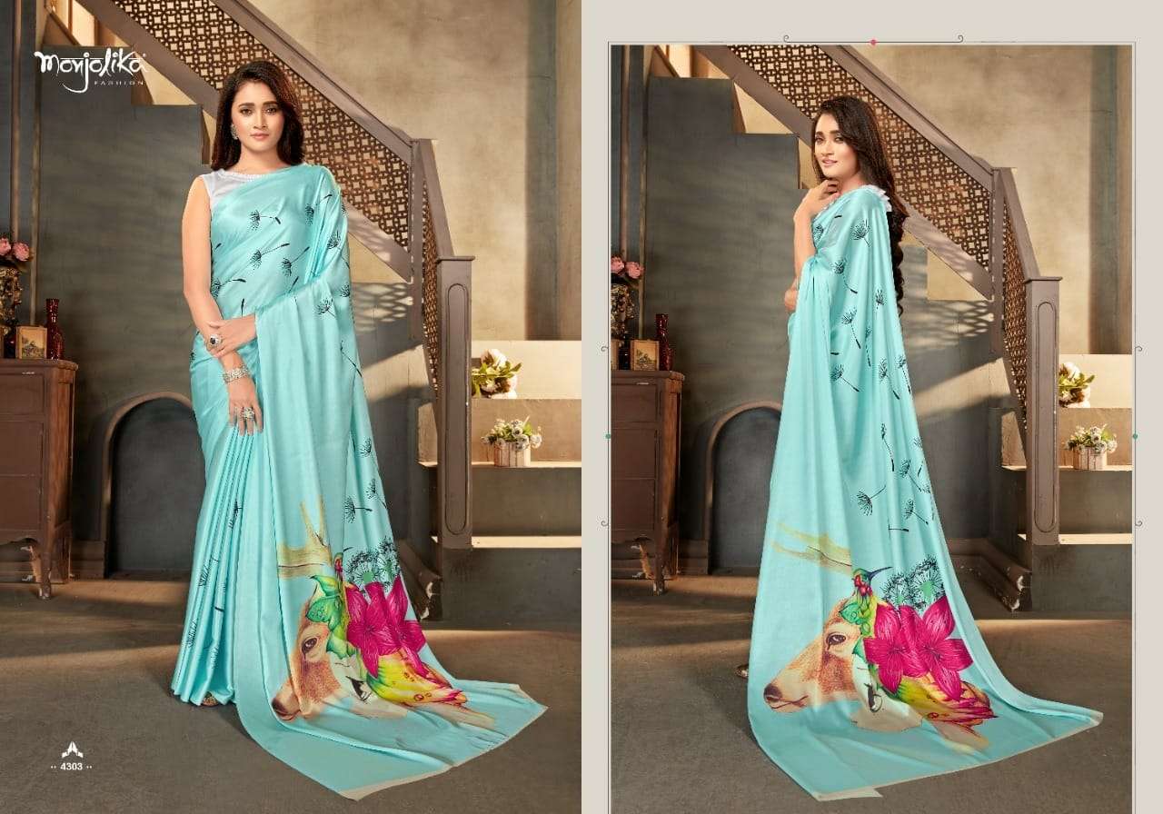 MAIRA BY MONJOLIKA 4301 TO 4309 SERIES INDIAN TRADITIONAL WEAR COLLECTION BEAUTIFUL STYLISH FANCY COLORFUL PARTY WEAR & OCCASIONAL WEAR SATIN CREPE SAREES AT WHOLESALE PRICE