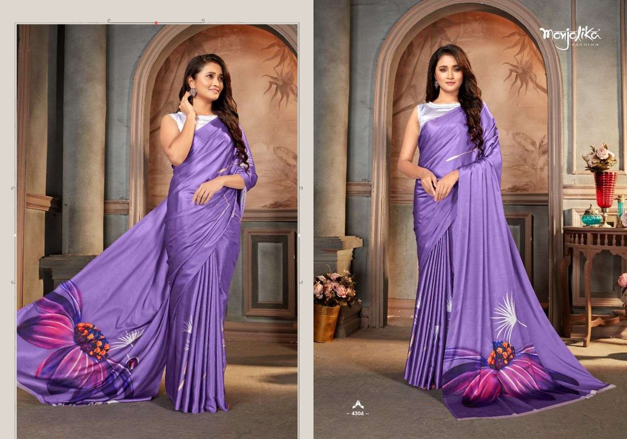 MAIRA BY MONJOLIKA 4301 TO 4309 SERIES INDIAN TRADITIONAL WEAR COLLECTION BEAUTIFUL STYLISH FANCY COLORFUL PARTY WEAR & OCCASIONAL WEAR SATIN CREPE SAREES AT WHOLESALE PRICE