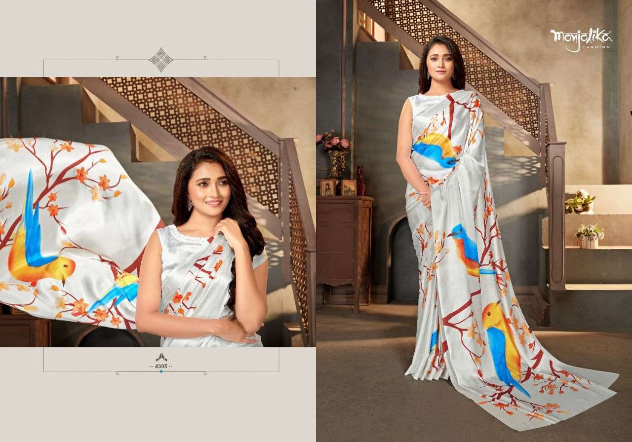 MAIRA BY MONJOLIKA 4301 TO 4309 SERIES INDIAN TRADITIONAL WEAR COLLECTION BEAUTIFUL STYLISH FANCY COLORFUL PARTY WEAR & OCCASIONAL WEAR SATIN CREPE SAREES AT WHOLESALE PRICE