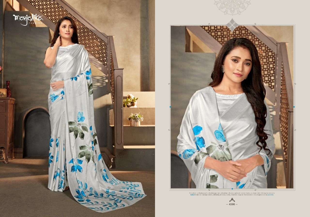 MAIRA BY MONJOLIKA 4301 TO 4309 SERIES INDIAN TRADITIONAL WEAR COLLECTION BEAUTIFUL STYLISH FANCY COLORFUL PARTY WEAR & OCCASIONAL WEAR SATIN CREPE SAREES AT WHOLESALE PRICE