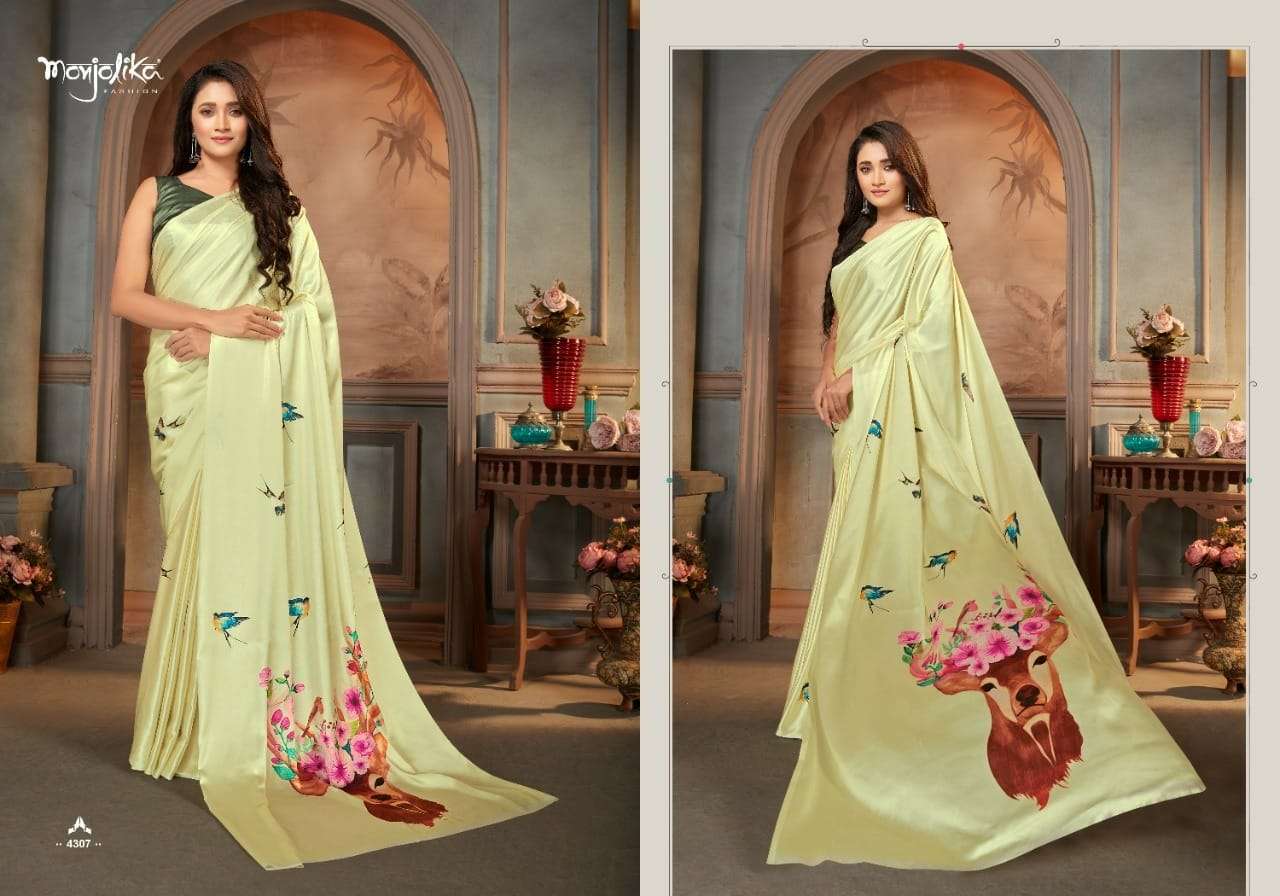 MAIRA BY MONJOLIKA 4301 TO 4309 SERIES INDIAN TRADITIONAL WEAR COLLECTION BEAUTIFUL STYLISH FANCY COLORFUL PARTY WEAR & OCCASIONAL WEAR SATIN CREPE SAREES AT WHOLESALE PRICE