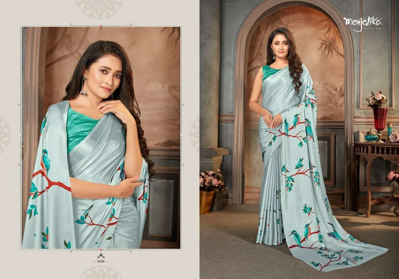 MAIRA BY MONJOLIKA 4301 TO 4309 SERIES INDIAN TRADITIONAL WEAR COLLECTION BEAUTIFUL STYLISH FANCY COLORFUL PARTY WEAR & OCCASIONAL WEAR SATIN CREPE SAREES AT WHOLESALE PRICE