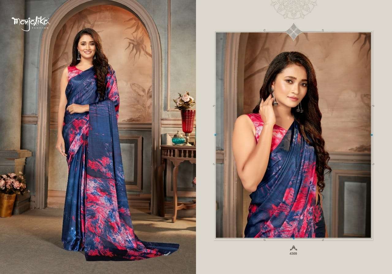 MAIRA BY MONJOLIKA 4301 TO 4309 SERIES INDIAN TRADITIONAL WEAR COLLECTION BEAUTIFUL STYLISH FANCY COLORFUL PARTY WEAR & OCCASIONAL WEAR SATIN CREPE SAREES AT WHOLESALE PRICE