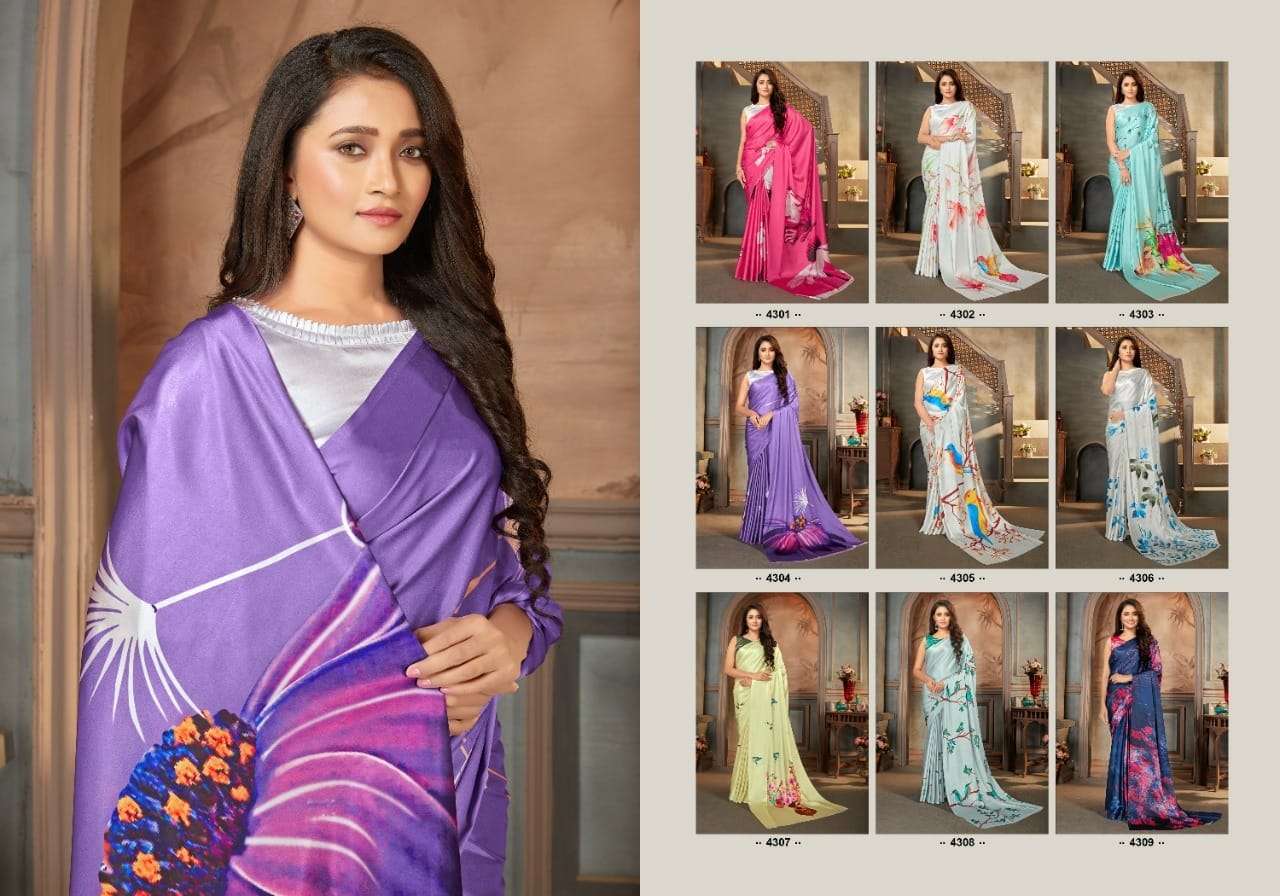 MAIRA BY MONJOLIKA 4301 TO 4309 SERIES INDIAN TRADITIONAL WEAR COLLECTION BEAUTIFUL STYLISH FANCY COLORFUL PARTY WEAR & OCCASIONAL WEAR SATIN CREPE SAREES AT WHOLESALE PRICE