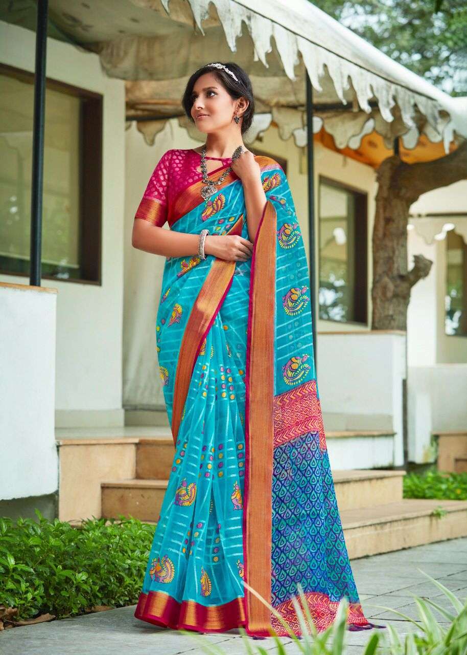 GOLDEN EYE BY MYRA 01 TO 09 SERIES INDIAN TRADITIONAL WEAR COLLECTION BEAUTIFUL STYLISH FANCY COLORFUL PARTY WEAR & OCCASIONAL WEAR ORGANZA BRASSO SILK SAREES AT WHOLESALE PRICE