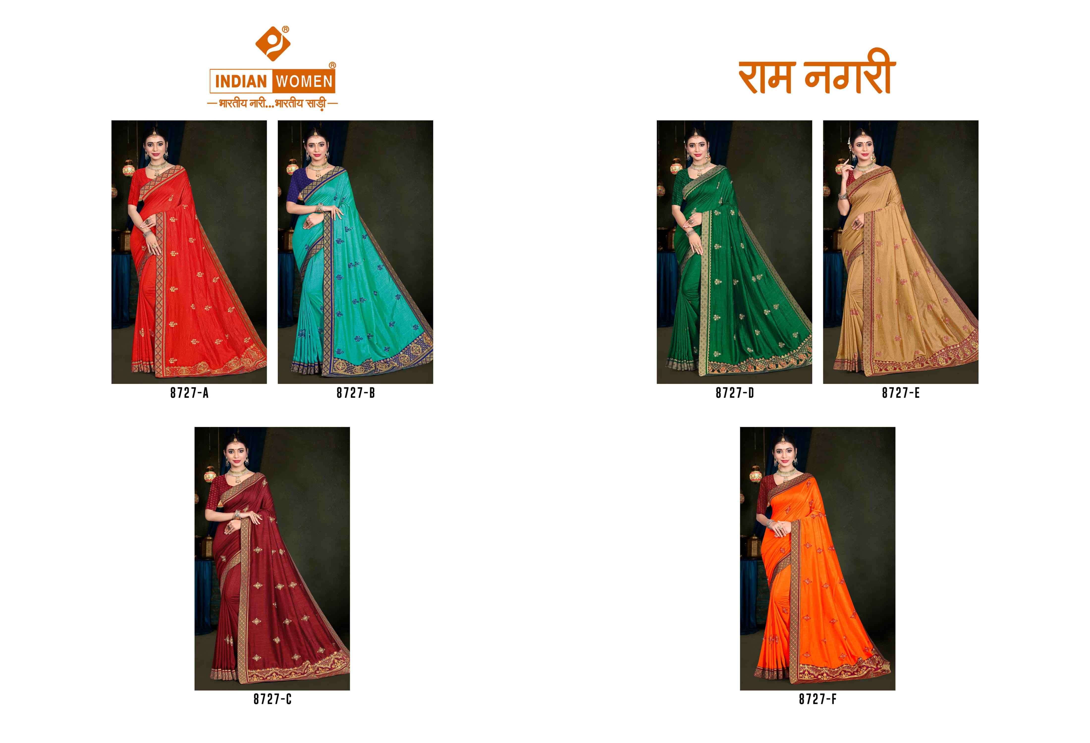 RAM NAGRI BY INDIAN WOMEN 8727-A TO 8727-F SERIES INDIAN TRADITIONAL WEAR COLLECTION BEAUTIFUL STYLISH FANCY COLORFUL PARTY WEAR & OCCASIONAL WEAR VICHITRA SILK SAREES AT WHOLESALE PRICE