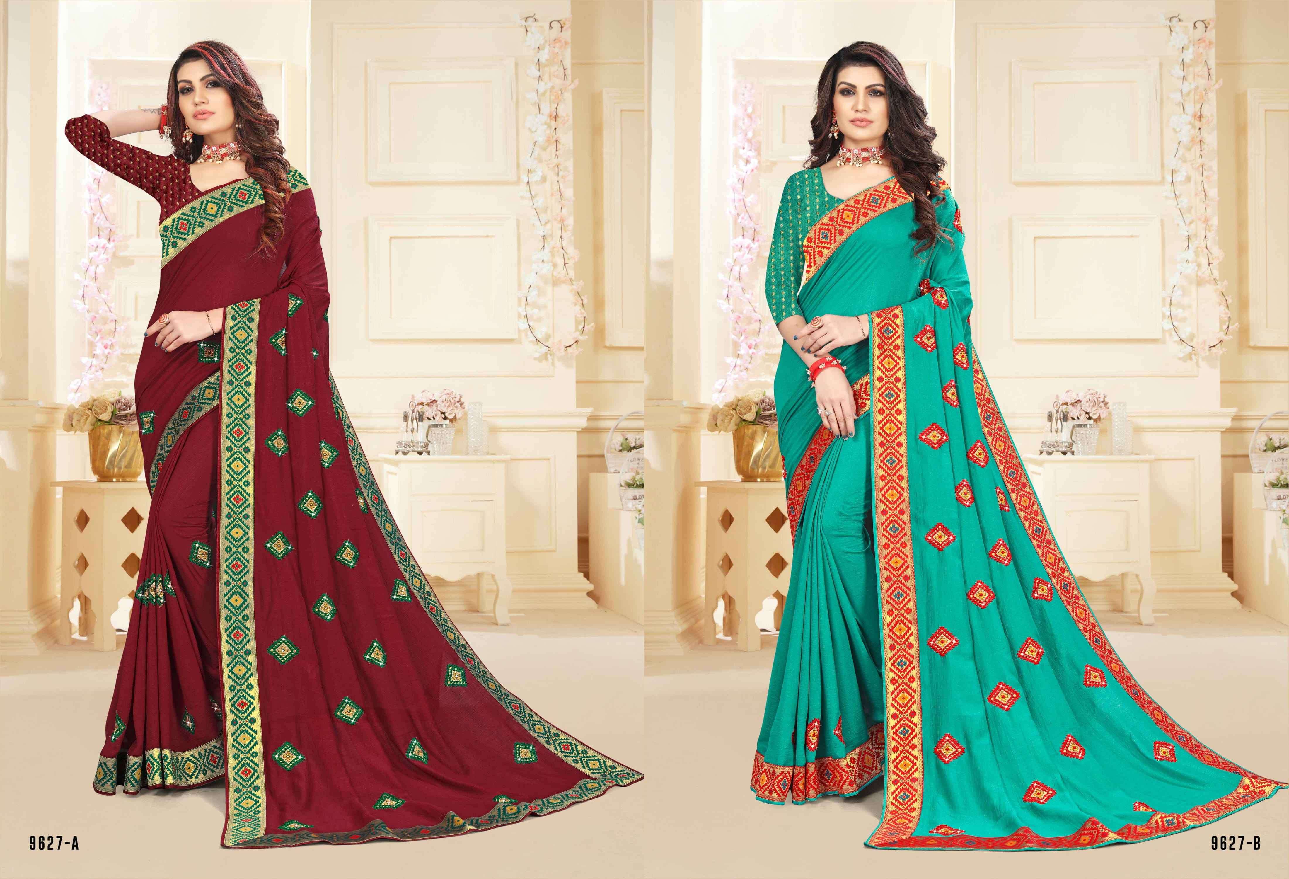 ANJANI PUTRA BY INDIAN WOMEN 9627-A TO 9627-F SERIES INDIAN TRADITIONAL WEAR COLLECTION BEAUTIFUL STYLISH FANCY COLORFUL PARTY WEAR & OCCASIONAL WEAR VICHITRA SILK SAREES AT WHOLESALE PRICE