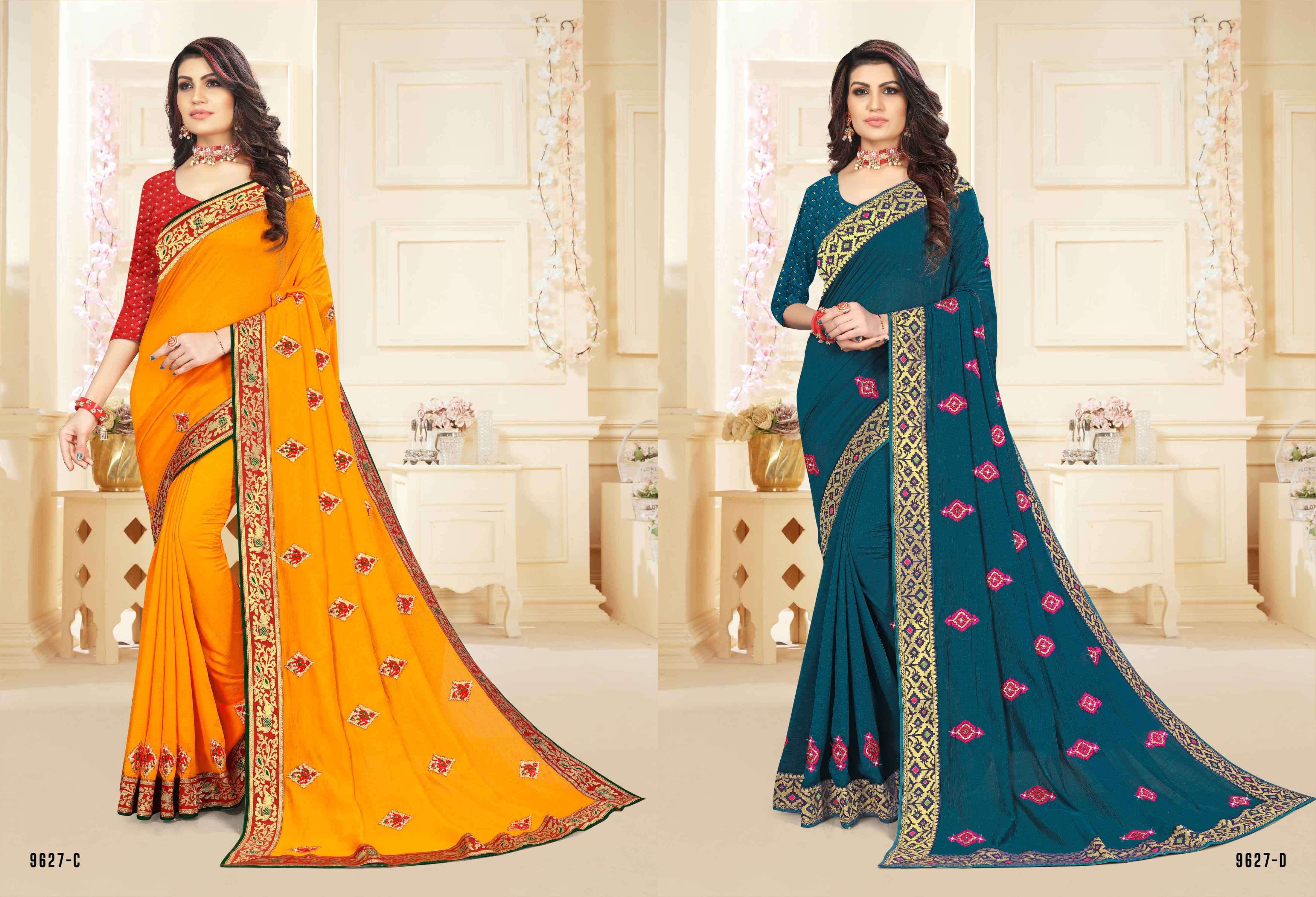 ANJANI PUTRA BY INDIAN WOMEN 9627-A TO 9627-F SERIES INDIAN TRADITIONAL WEAR COLLECTION BEAUTIFUL STYLISH FANCY COLORFUL PARTY WEAR & OCCASIONAL WEAR VICHITRA SILK SAREES AT WHOLESALE PRICE