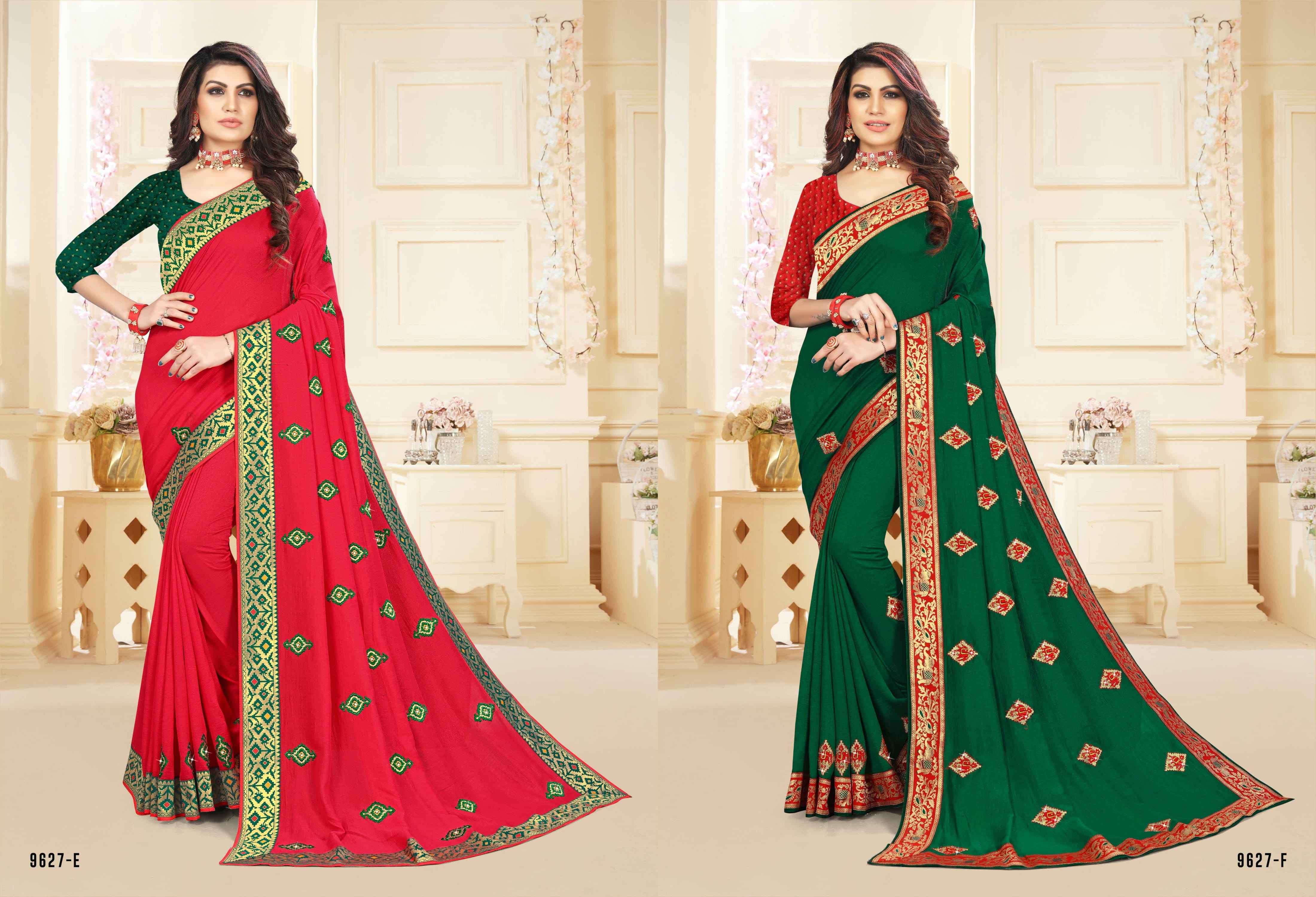 ANJANI PUTRA BY INDIAN WOMEN 9627-A TO 9627-F SERIES INDIAN TRADITIONAL WEAR COLLECTION BEAUTIFUL STYLISH FANCY COLORFUL PARTY WEAR & OCCASIONAL WEAR VICHITRA SILK SAREES AT WHOLESALE PRICE