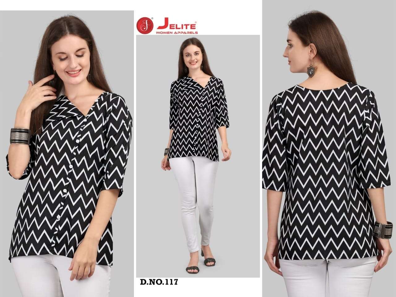 TULIP VOL-4 BY JELITE 117 TO 124 SERIES BEAUTIFUL COLORFUL STYLISH FANCY CASUAL WEAR & READY TO WEAR POLYSTER CREPE TOPS AT WHOLESALE PRICE