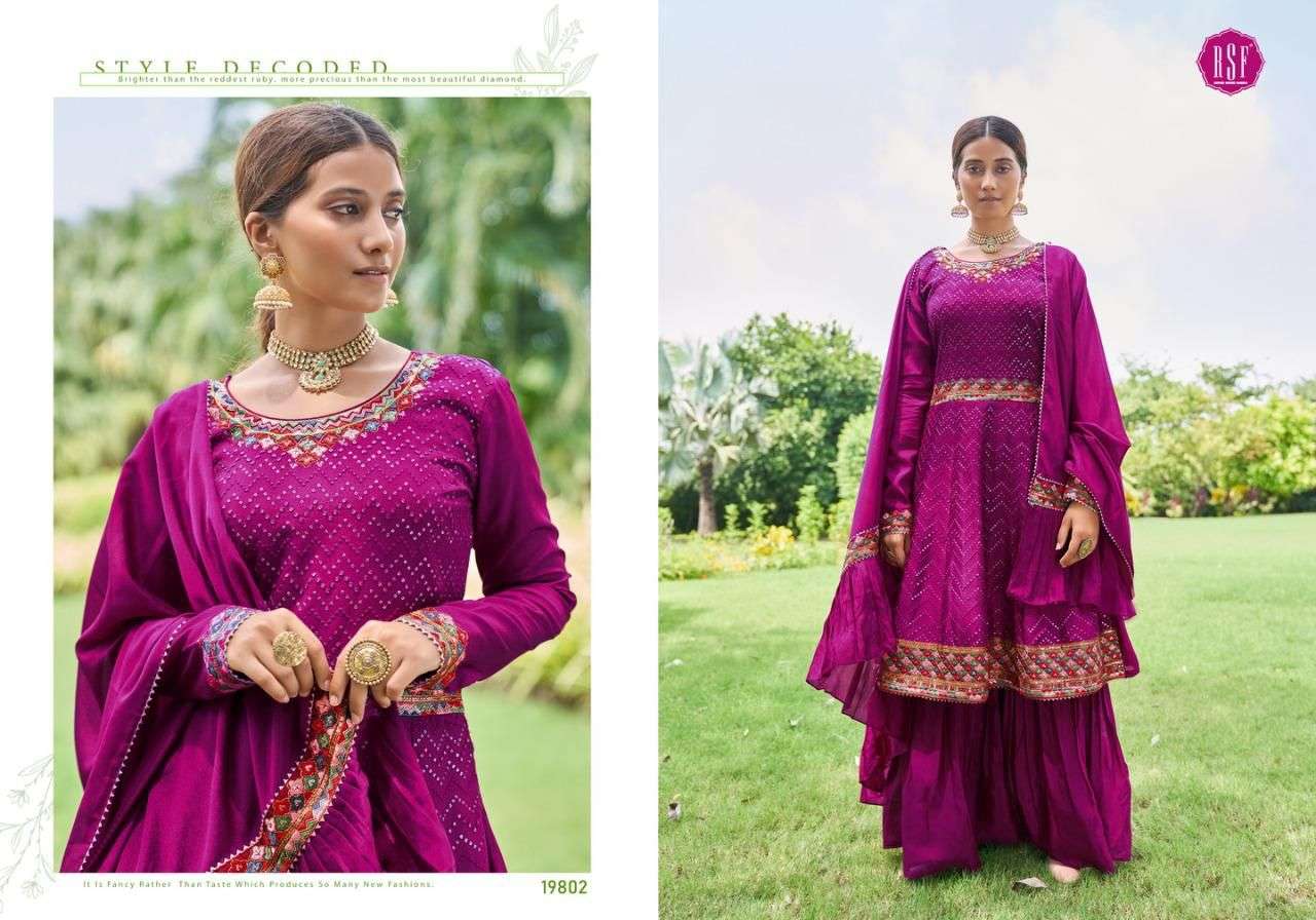SABHYA BY RIDDHI SIDDHI FASHION 19801 TO 19804 SERIES BEAUTIFUL STYLISH SHARARA SUITS FANCY COLORFUL CASUAL WEAR & ETHNIC WEAR & READY TO WEAR PURE CHINNON SILK DRESSES AT WHOLESALE PRICE