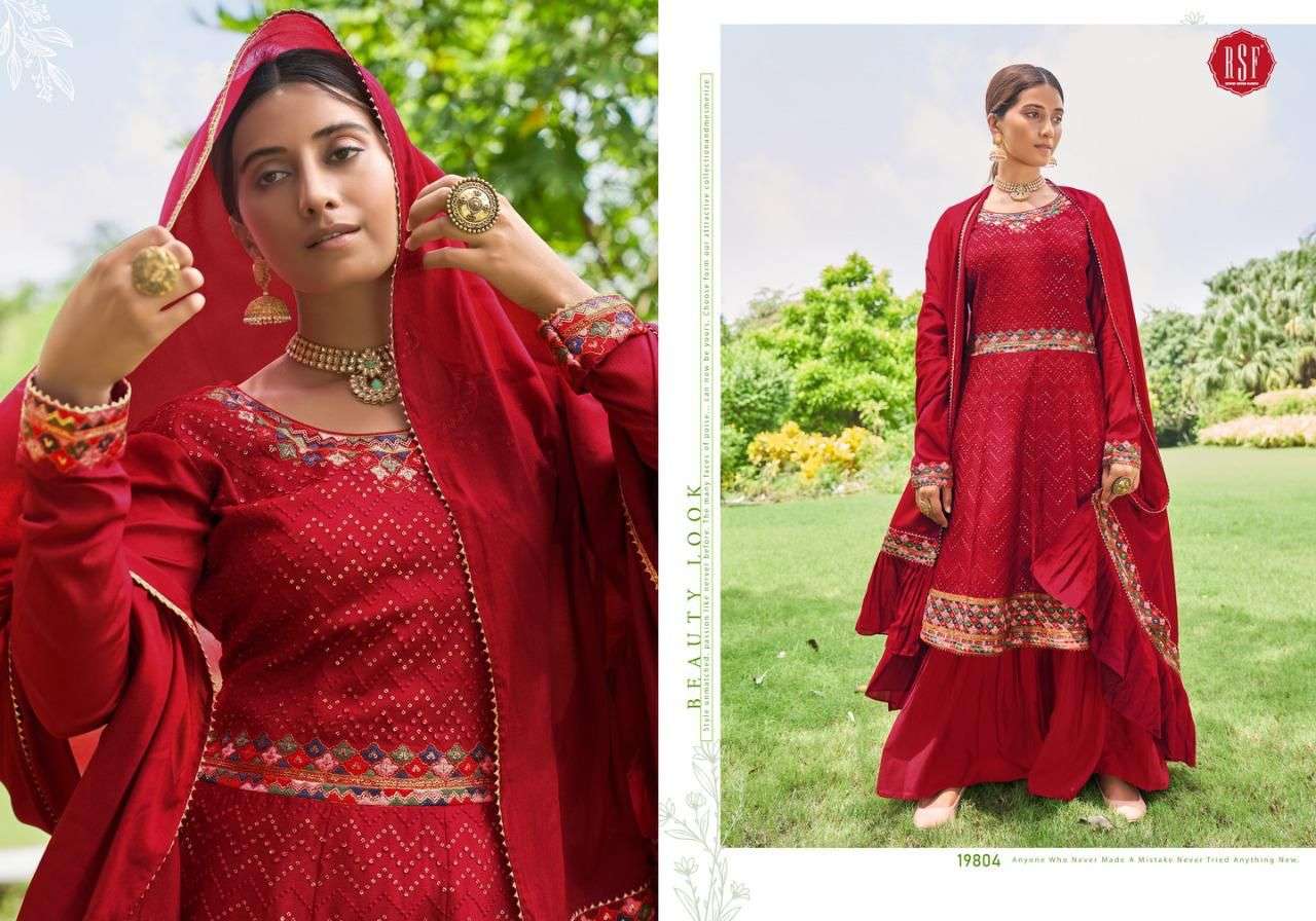 SABHYA BY RIDDHI SIDDHI FASHION 19801 TO 19804 SERIES BEAUTIFUL STYLISH SHARARA SUITS FANCY COLORFUL CASUAL WEAR & ETHNIC WEAR & READY TO WEAR PURE CHINNON SILK DRESSES AT WHOLESALE PRICE