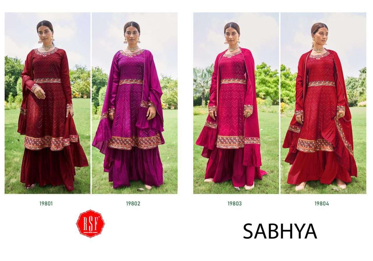 SABHYA BY RIDDHI SIDDHI FASHION 19801 TO 19804 SERIES BEAUTIFUL STYLISH SHARARA SUITS FANCY COLORFUL CASUAL WEAR & ETHNIC WEAR & READY TO WEAR PURE CHINNON SILK DRESSES AT WHOLESALE PRICE