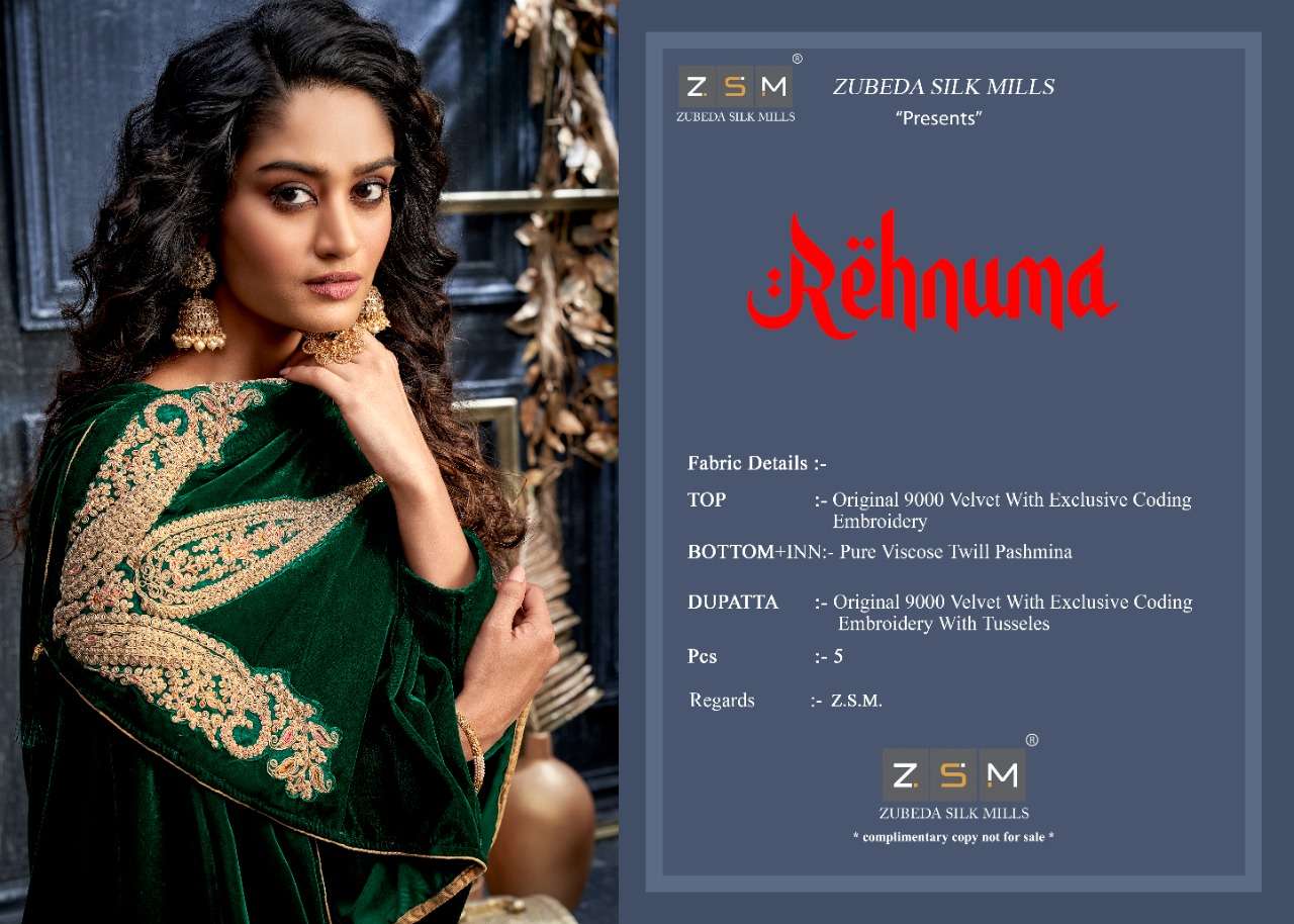 REHNUMA BY ZSM 1001 TO 1005 SERIES BEAUTIFUL STYLISH SUITS FANCY COLORFUL CASUAL WEAR & ETHNIC WEAR & READY TO WEAR PURE VELVET DRESSES AT WHOLESALE PRICE