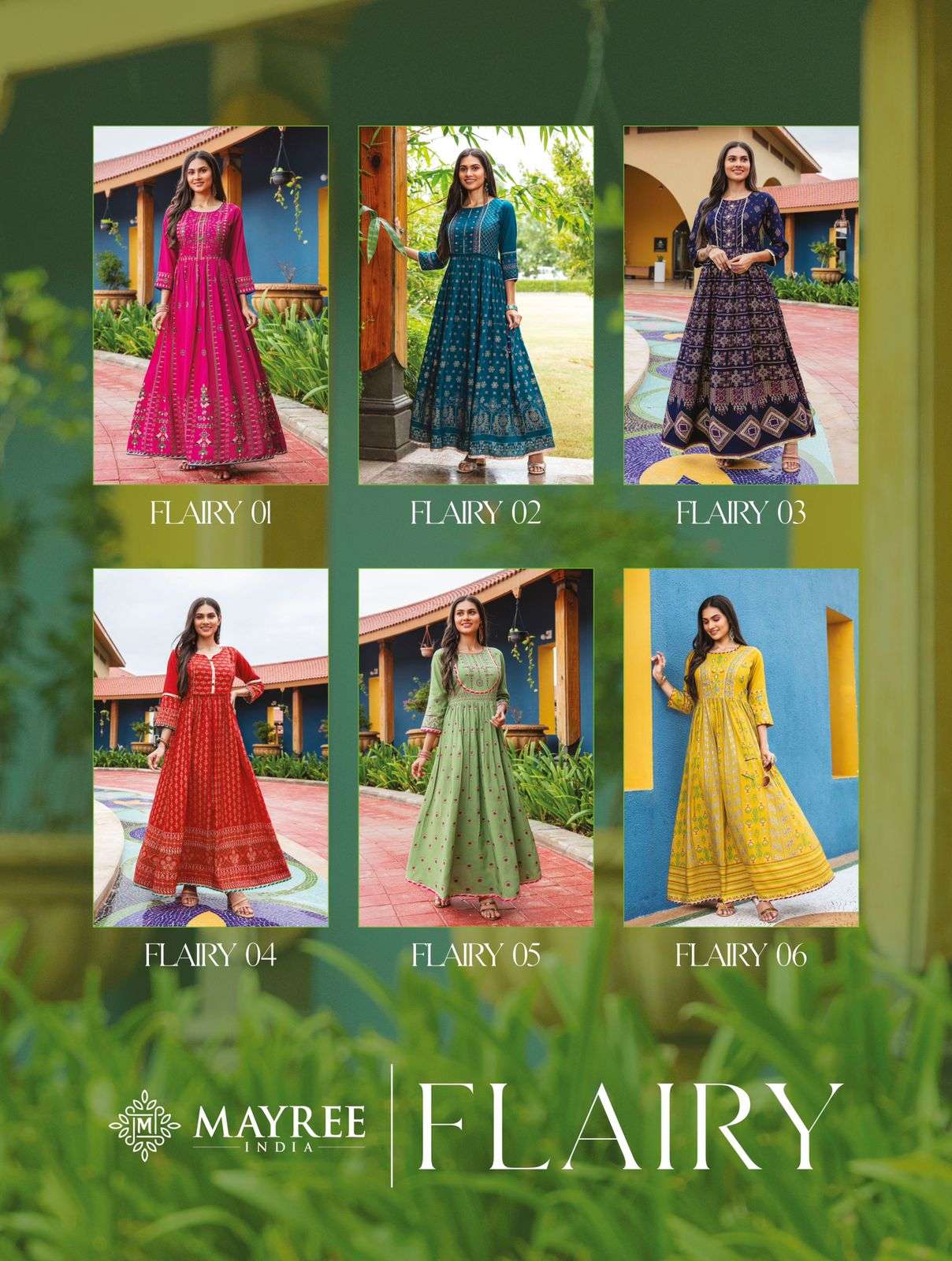 FLAIRY BY MAYREE 01 TO 06 SERIES BEAUTIFUL STYLISH FANCY COLORFUL CASUAL WEAR & ETHNIC WEAR HEAVY SILK PRINT GOWNS AT WHOLESALE PRICE