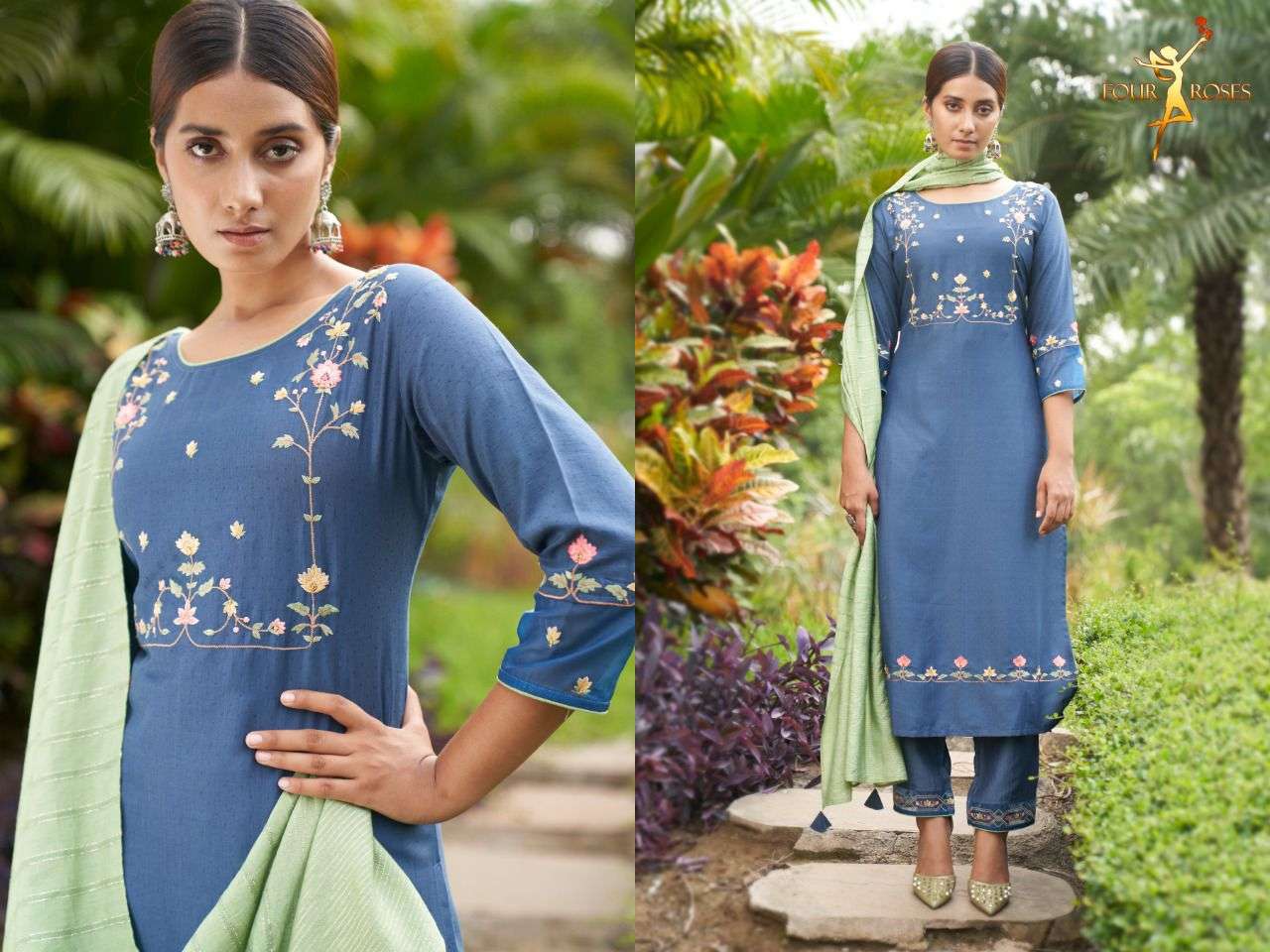 RUHAANIYAT BY FOUR ROSES 1001 TO 1006 SERIES BEAUTIFUL SUITS COLORFUL STYLISH FANCY CASUAL WEAR & ETHNIC WEAR CHINNON EMBROIDERED DRESSES AT WHOLESALE PRICE