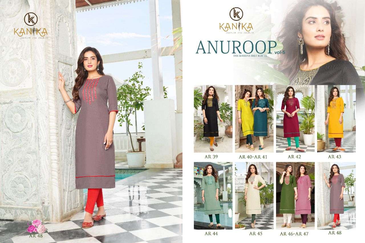 ANUROOP VOL-5 BY KANIKA 39 TO 48 SERIES DESIGNER STYLISH FANCY COLORFUL BEAUTIFUL PARTY WEAR & ETHNIC WEAR COLLECTION RUBY SILK EMBROIDERY KURTIS AT WHOLESALE PRICE