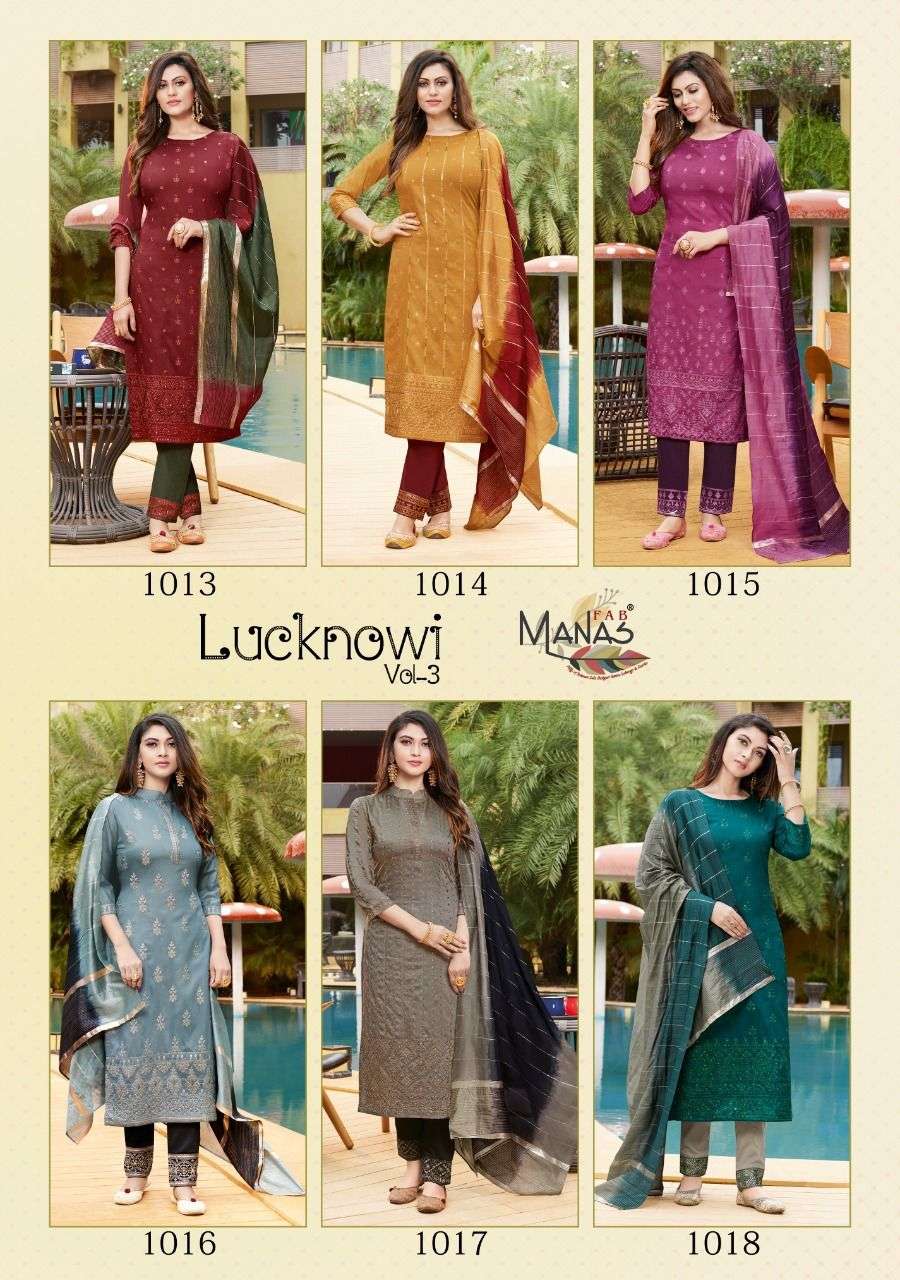 LUCKNOWI VOL-3 BY MANAS FAB 1003 TO 1008 SERIES BEAUTIFUL SUITS COLORFUL STYLISH FANCY CASUAL WEAR & ETHNIC WEAR FANCY DRESSES AT WHOLESALE PRICE
