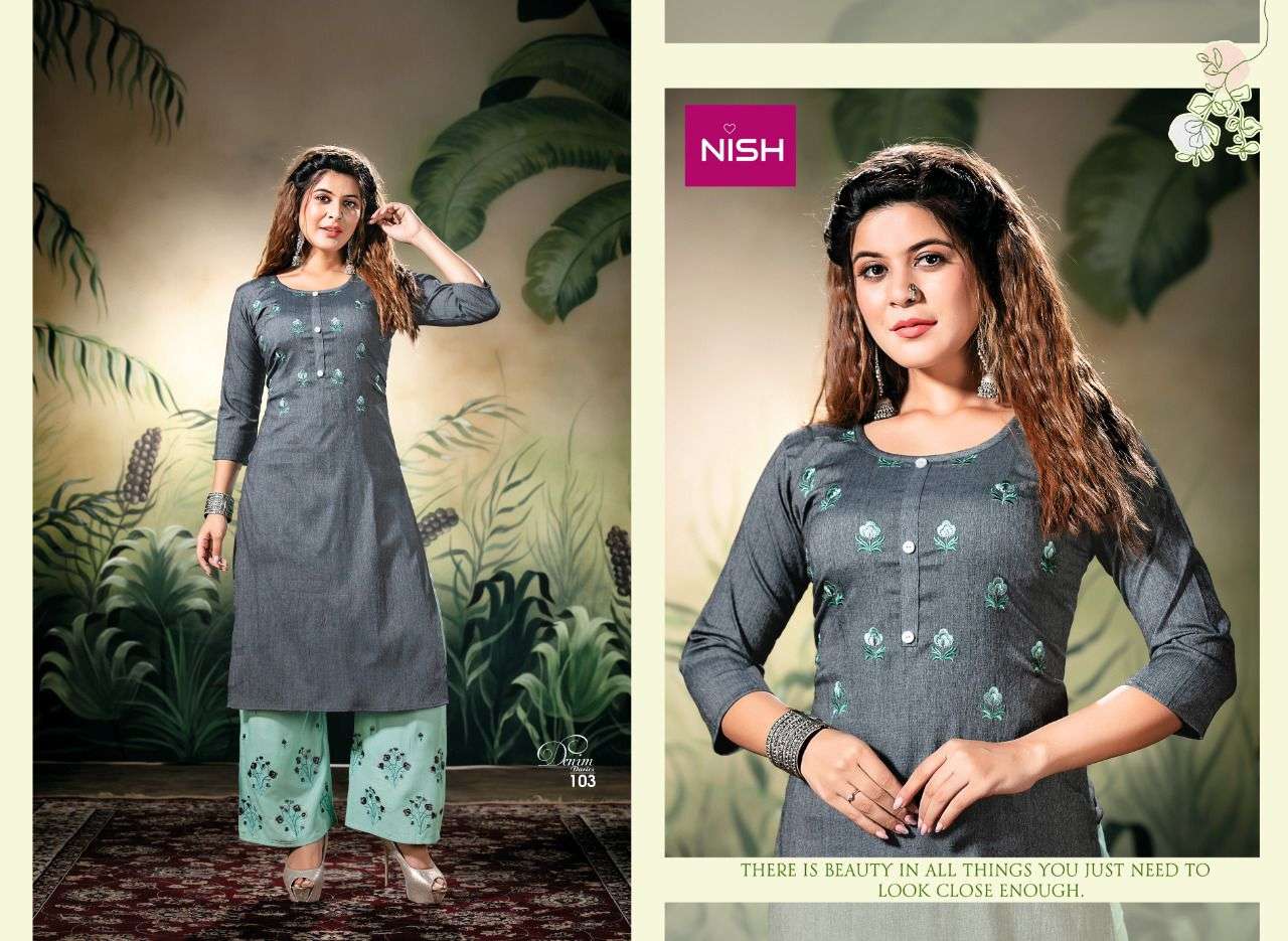 DENIM DARIES BY NISH 101 TO 106 SERIES DESIGNER STYLISH FANCY COLORFUL BEAUTIFUL PARTY WEAR & ETHNIC WEAR COLLECTION DENIM LYCRA KURTIS WITH BOTTOM AT WHOLESALE PRICE