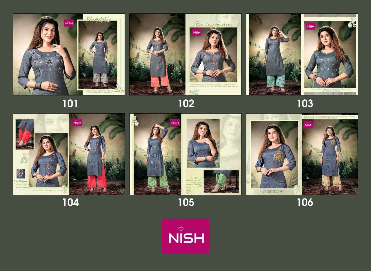 DENIM DARIES BY NISH 101 TO 106 SERIES DESIGNER STYLISH FANCY COLORFUL BEAUTIFUL PARTY WEAR & ETHNIC WEAR COLLECTION DENIM LYCRA KURTIS WITH BOTTOM AT WHOLESALE PRICE