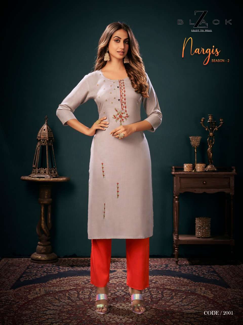 NARGIS VOL-2 BY Z BLACK 2001 TO 2006 SERIES DESIGNER STYLISH FANCY COLORFUL BEAUTIFUL PARTY WEAR & ETHNIC WEAR COLLECTION RAYON EMBROIDERY KURTIS WITH BOTTOM AT WHOLESALE PRICE