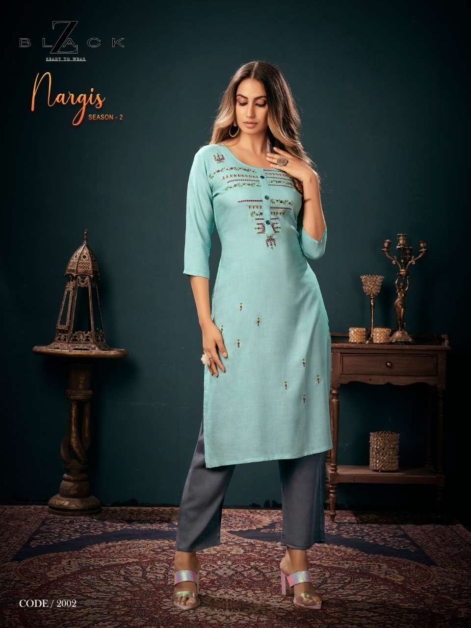 NARGIS VOL-2 BY Z BLACK 2001 TO 2006 SERIES DESIGNER STYLISH FANCY COLORFUL BEAUTIFUL PARTY WEAR & ETHNIC WEAR COLLECTION RAYON EMBROIDERY KURTIS WITH BOTTOM AT WHOLESALE PRICE