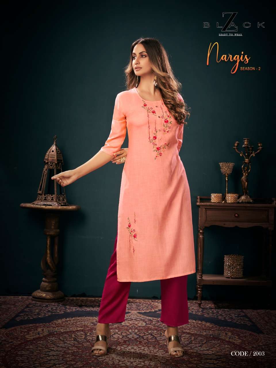 NARGIS VOL-2 BY Z BLACK 2001 TO 2006 SERIES DESIGNER STYLISH FANCY COLORFUL BEAUTIFUL PARTY WEAR & ETHNIC WEAR COLLECTION RAYON EMBROIDERY KURTIS WITH BOTTOM AT WHOLESALE PRICE