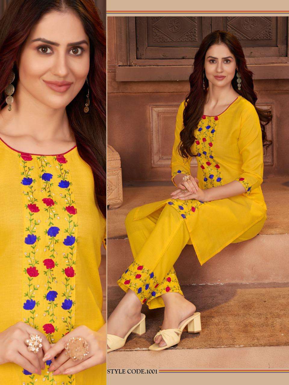 WOMEN BY RAZZO EXPORTS 1001 TO 1005 SERIES DESIGNER STYLISH FANCY COLORFUL BEAUTIFUL PARTY WEAR & ETHNIC WEAR COLLECTION RUBY COTTON EMBROIDERY KURTIS AT WHOLESALE PRICE