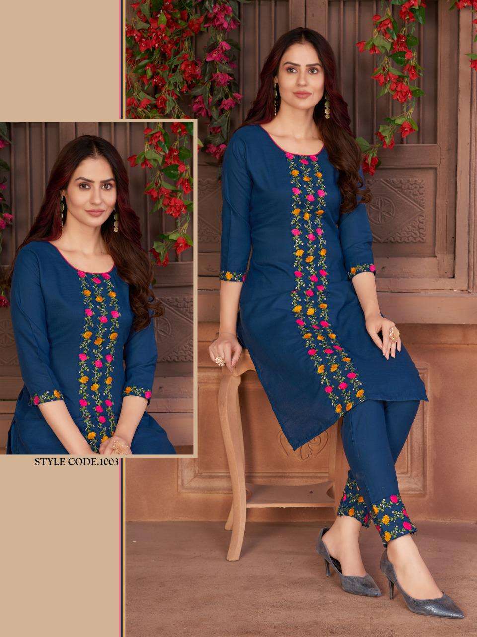 WOMEN BY RAZZO EXPORTS 1001 TO 1005 SERIES DESIGNER STYLISH FANCY COLORFUL BEAUTIFUL PARTY WEAR & ETHNIC WEAR COLLECTION RUBY COTTON EMBROIDERY KURTIS AT WHOLESALE PRICE