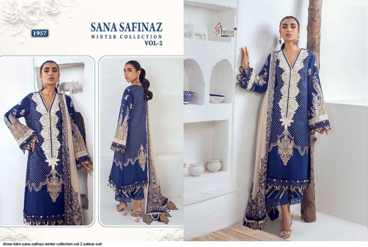SANA SAFINAZ WINTER COLLECTION VOL-2 BY SHREE FABS 1950 TO 1957 SERIES PAKISTANI STYLISH BEAUTIFUL COLOURFUL PRINTED & EMBROIDERED PARTY WEAR & OCCASIONAL WEAR PASHMINA PRINT EMBROIDERED DRESSES AT WHOLESALE PRICE